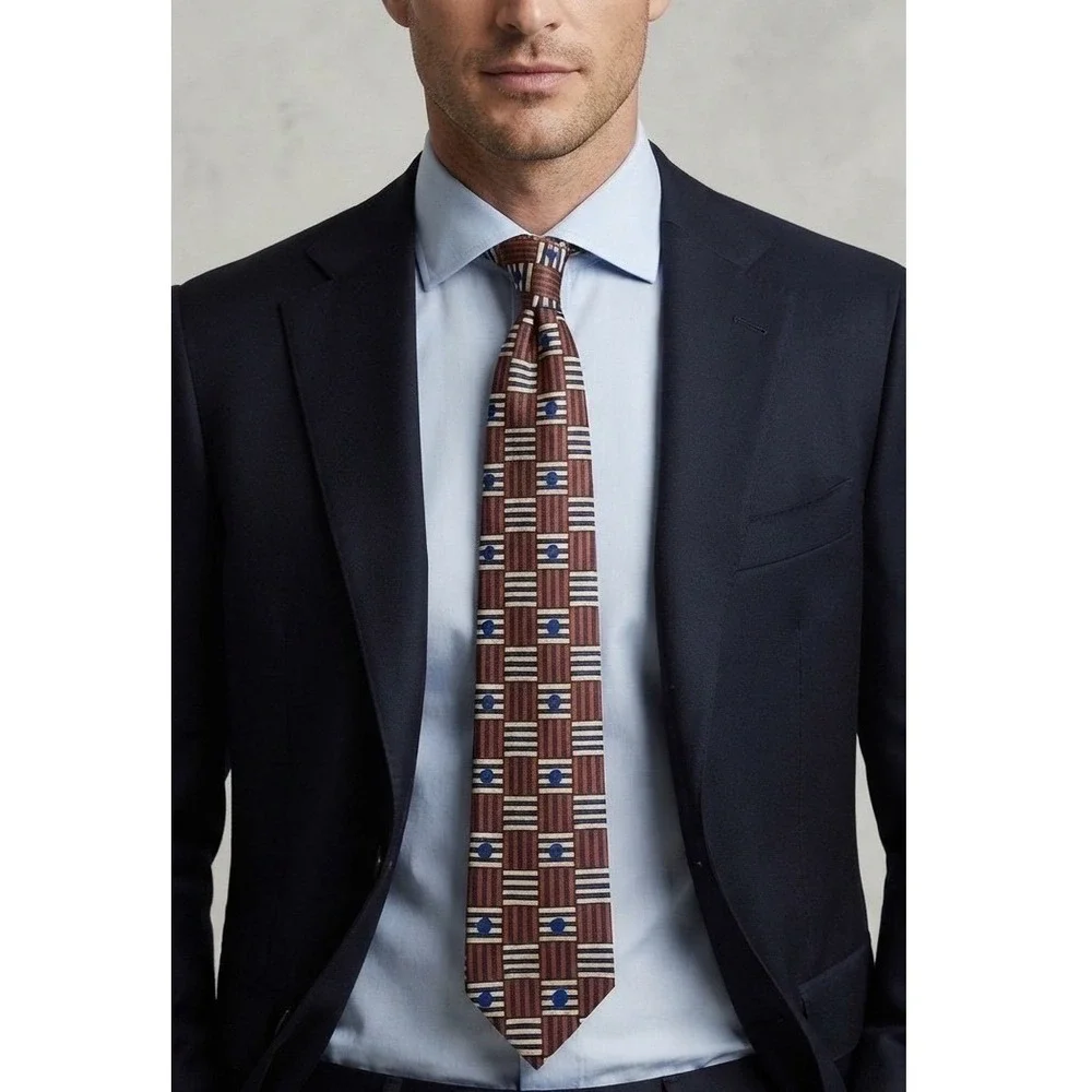 Hugo Boss Mens Tie Silk Brown Blue Geometric Striped Italy Designer Necktie